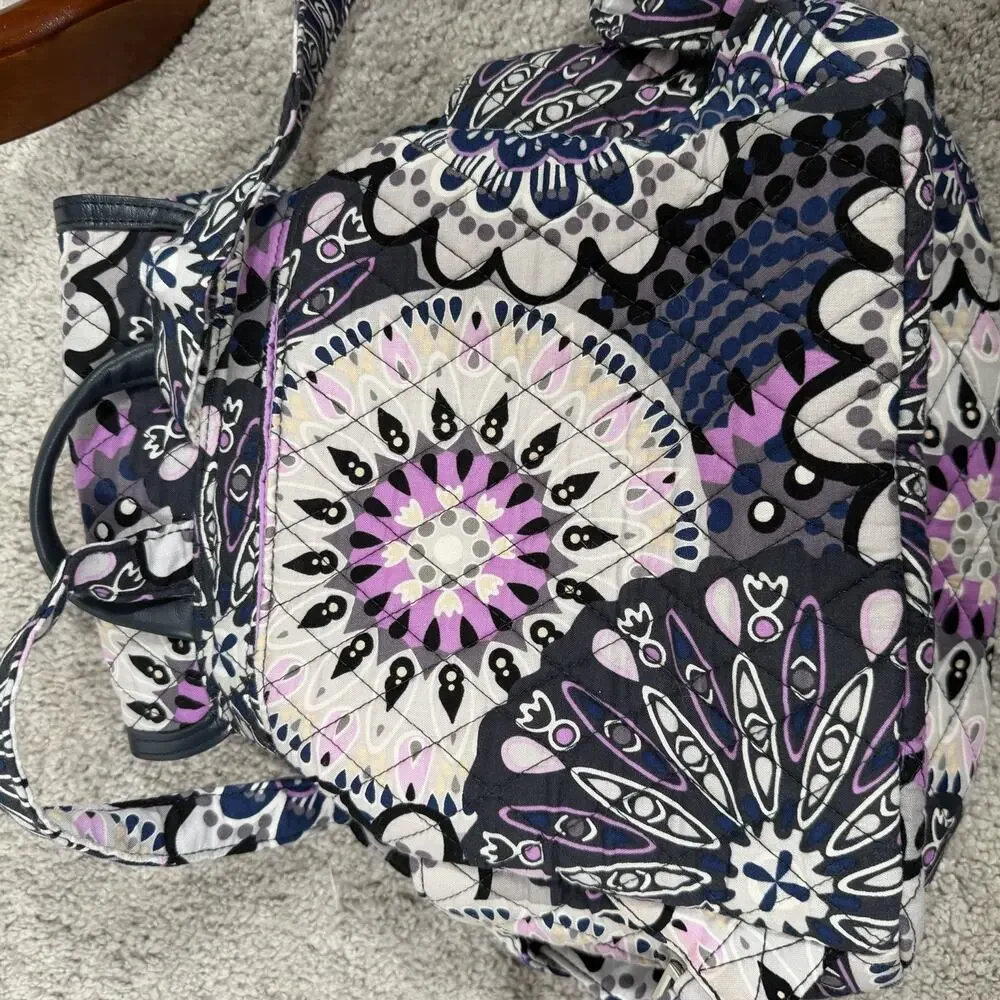 Vera Bradley Small Quilted Backpack Purple Navy Floral Drawstring Flap Bag Boho